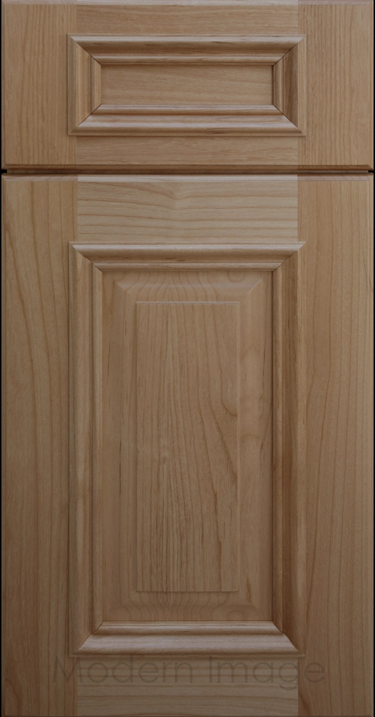 Warm Gray stained Hamilton cabinet door with a double raised panel and mitered elevated molding.